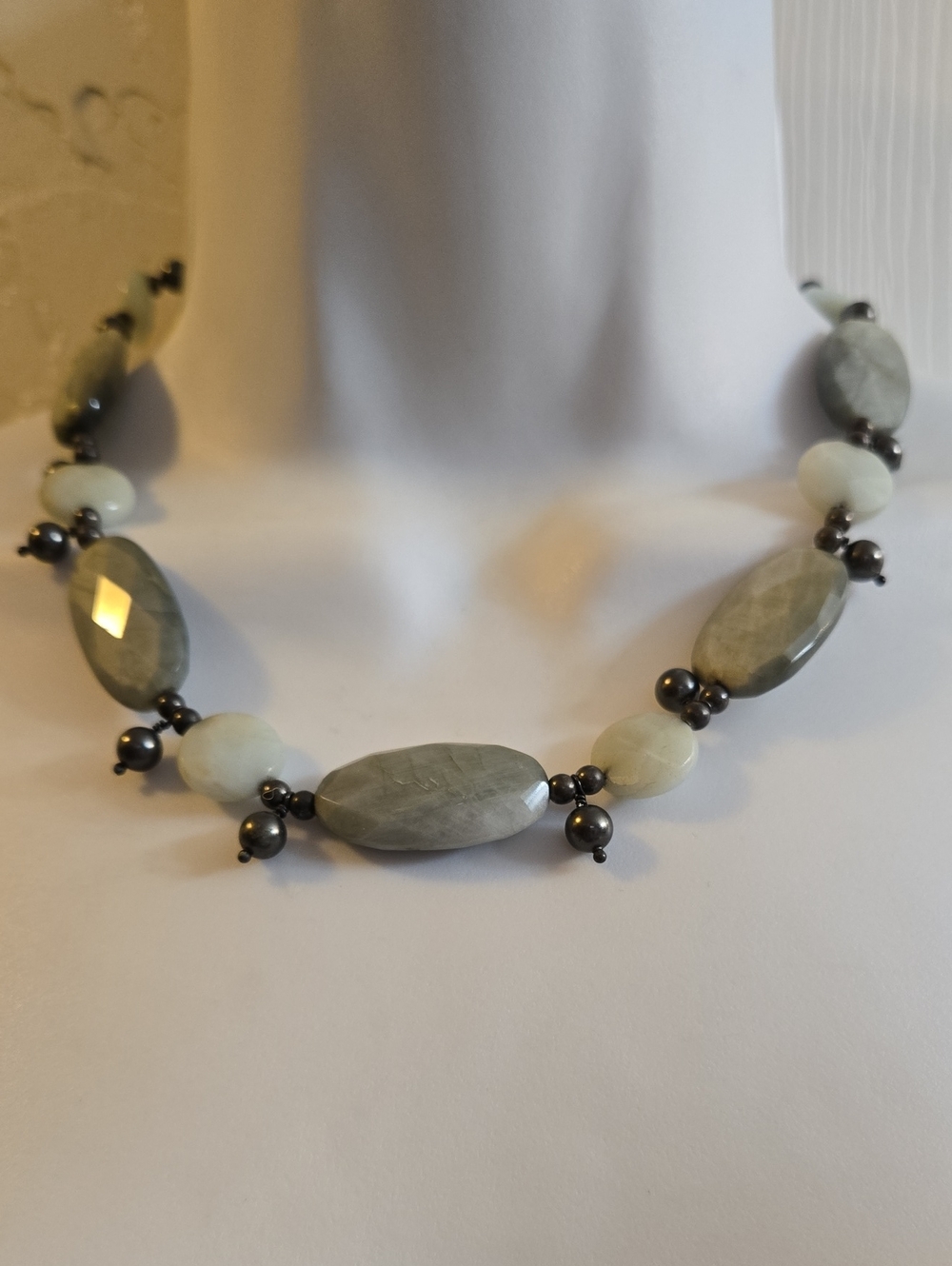 Faceted Gray-Green Semi-Precious Bead Necklace with Hematite Accents